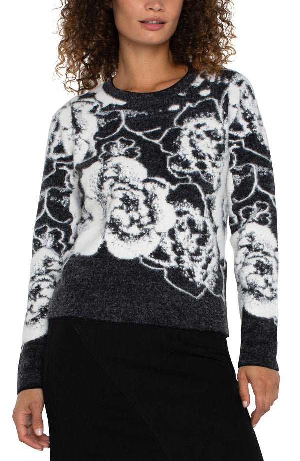 Textured Crew Neck Sweater Black + White Floral