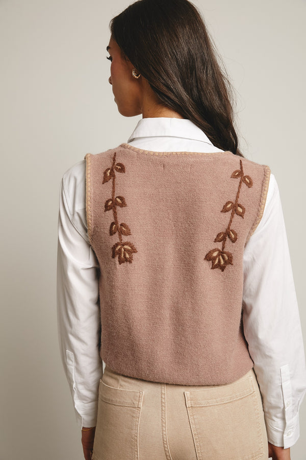 Floral Tie Front Knit Vest Mocha