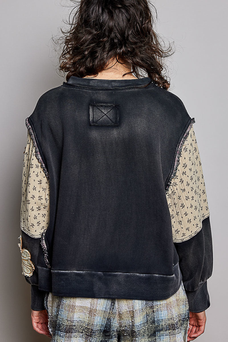 Floral Patch Exposed Seam Shoulder Ruffle Sweatshirt