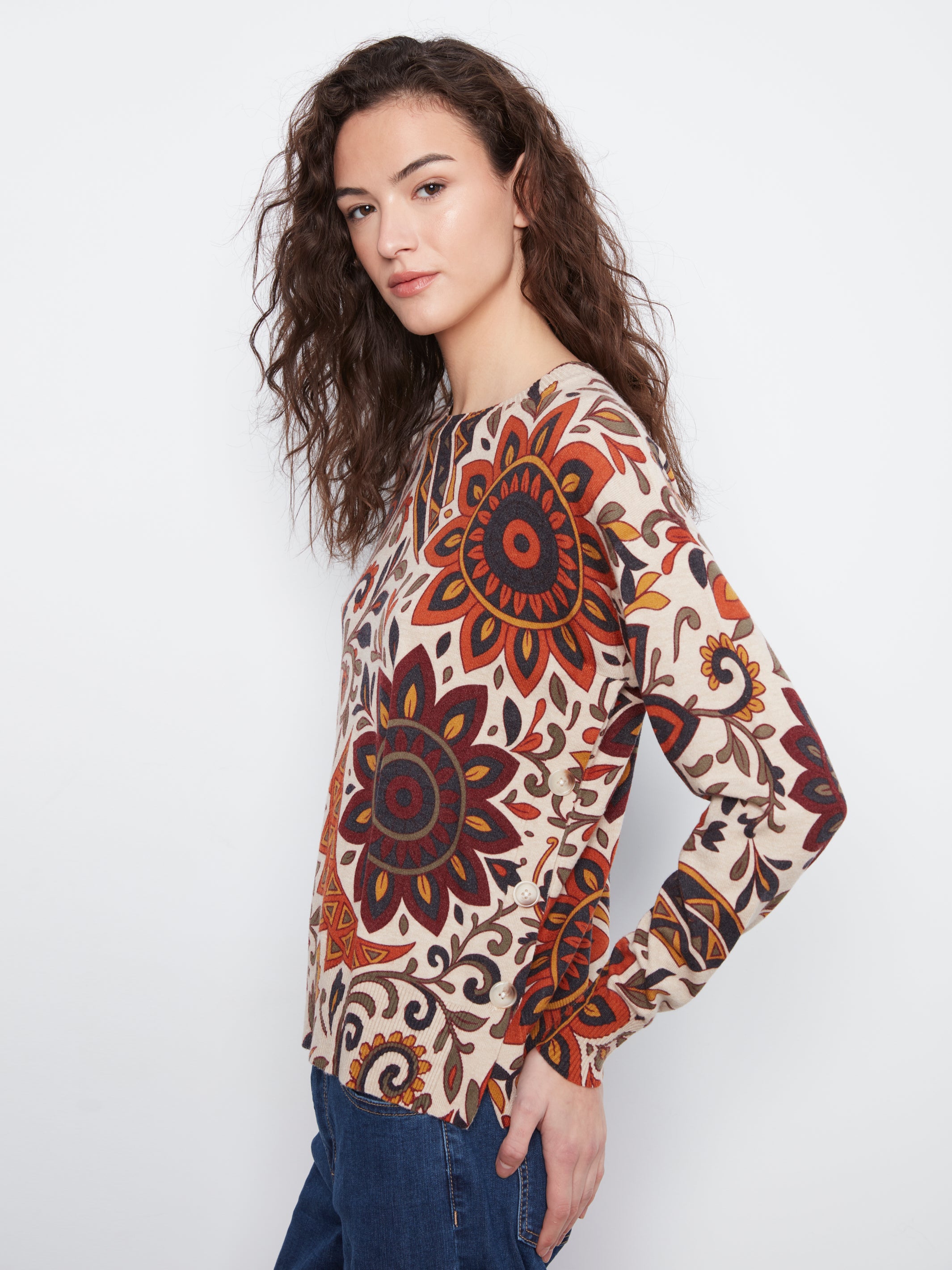 Floral Print Side Button Detail Sweater Rio