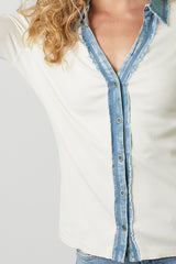 Washed Rib Thermal Denim Collar Button Down Shirt Vintage White