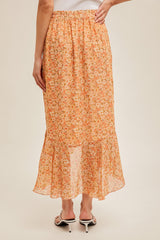 Floral Asymmetric Ruffle Belted Midi Skirt Coral
