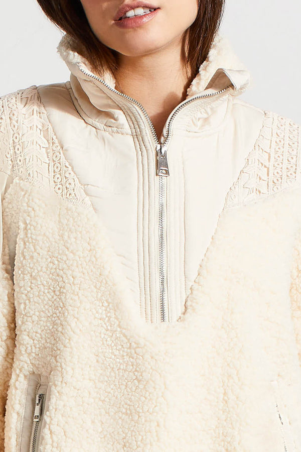 Half Zip Mix Media Eyelet Sherpa Pullover Moonstone