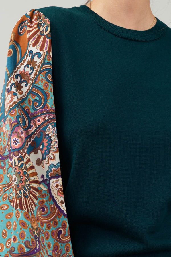 Paisley Printed Sleeve Sweater Top Green Multi