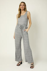 Open Back Shirred Self Tie Sleeveless Jumpsuit Heather Grey