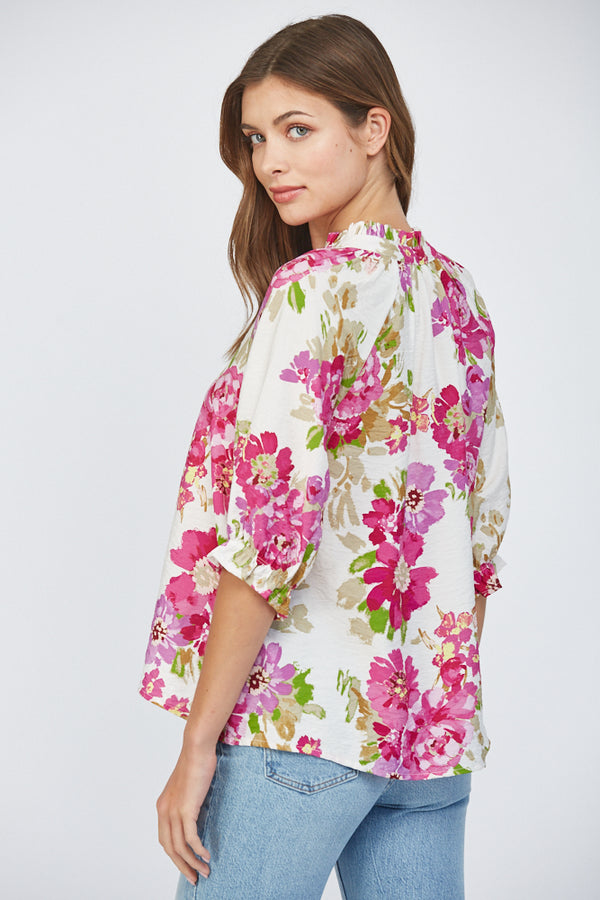 Floral Print Pintuck Detail Split Neck Blouse Cream Multi