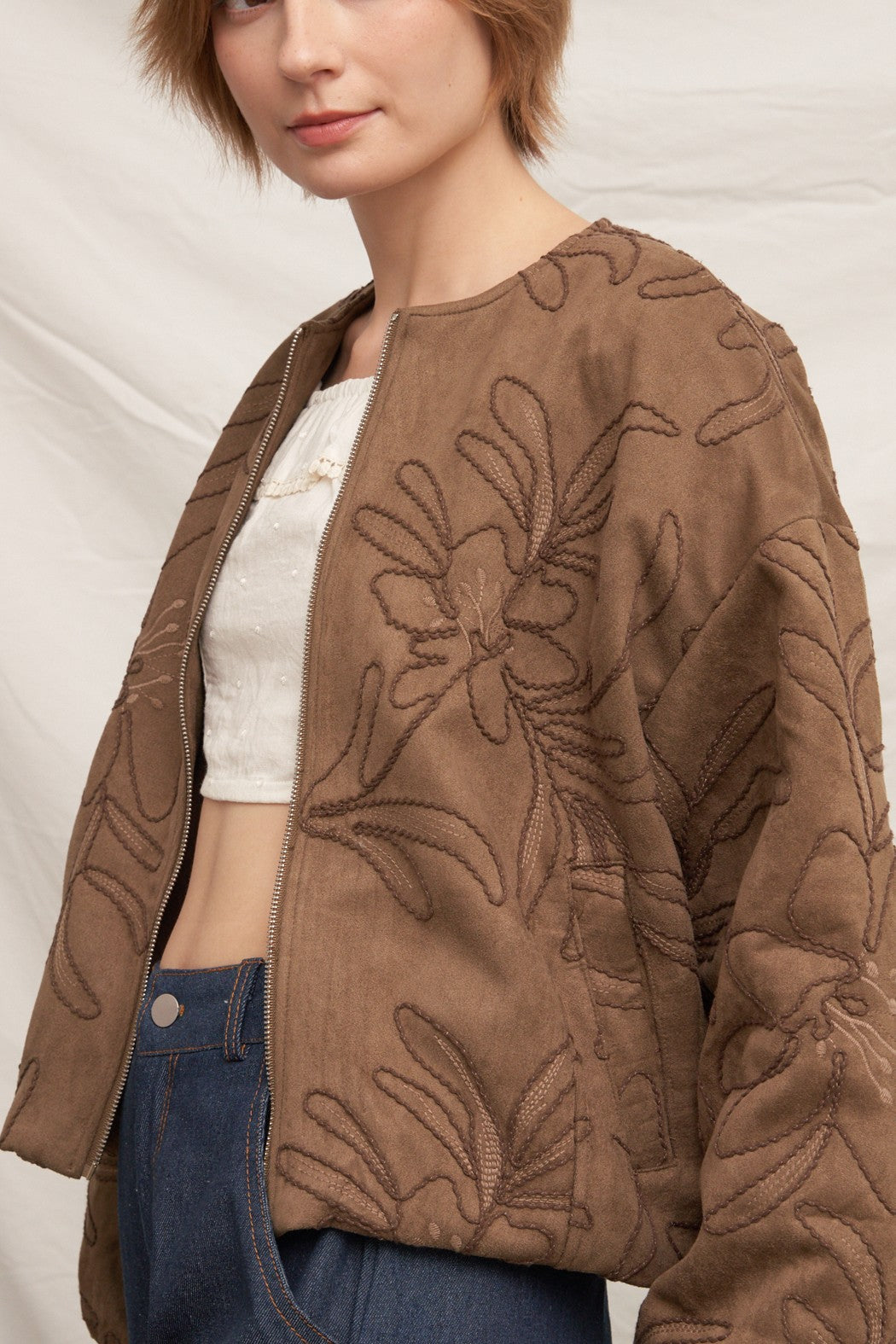 Floral Embroidered Bomber Jacket Khaki