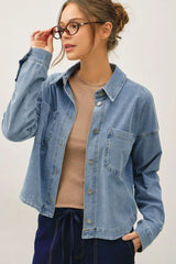 Knit Denim Cropped Shacket Medium Wash