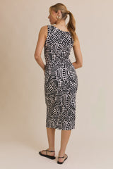 Aztec Abstract Side Twist Midi Dress Taupe + Black