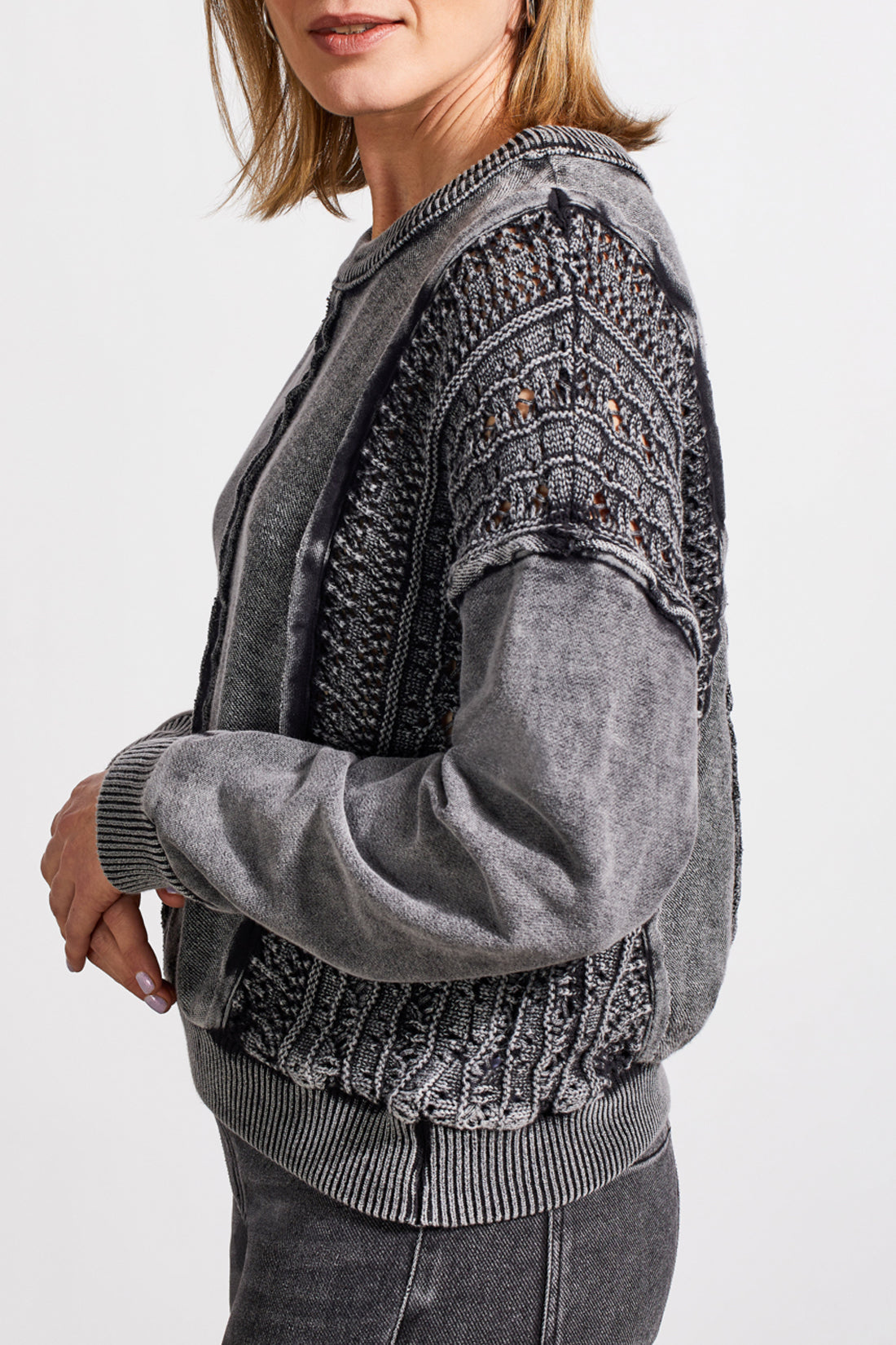 Mix Media Crochet Washed Raglan Pullover Black
