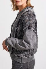 Mix Media Crochet Washed Raglan Pullover Black