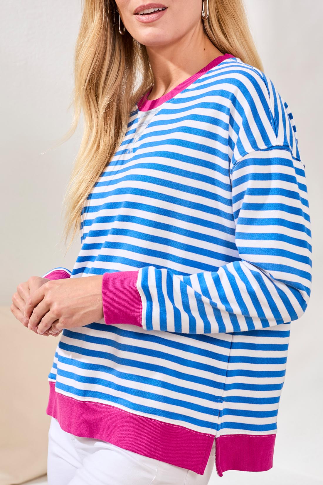 Crew Neck Stripe Colorblock Sweatshirt Turkish Sea