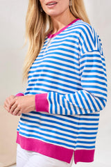 Crew Neck Stripe Colorblock Sweatshirt Turkish Sea