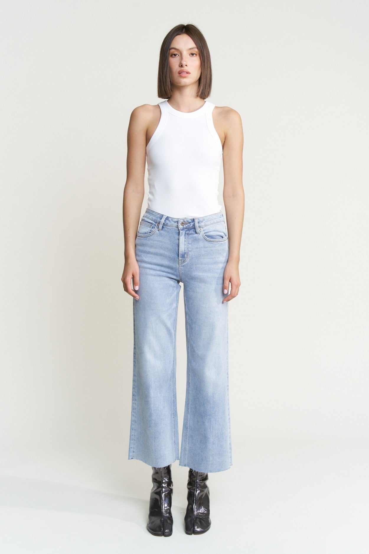 Mid Rise Raw Hem Wide Leg Jeans Blue Koi
