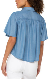 Half Sleeve Button Front Shirred Woven Blouse Delwood