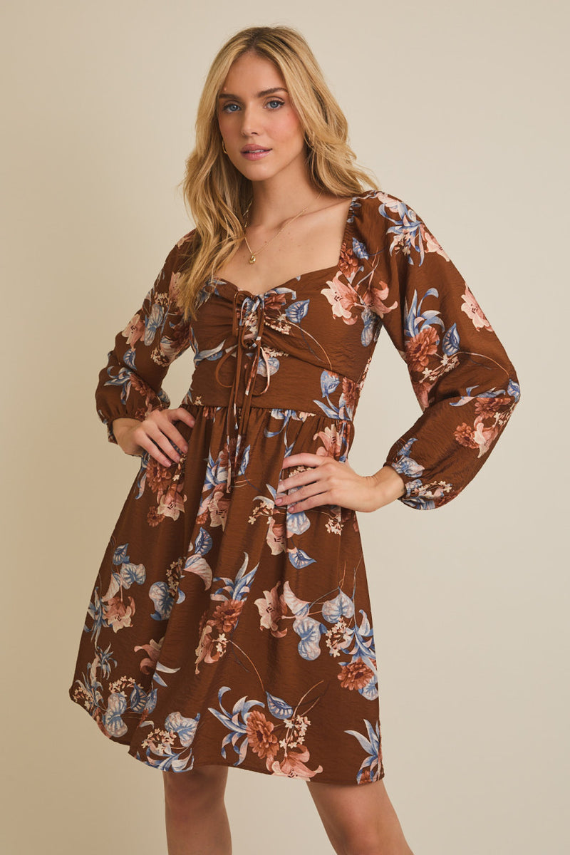 Sweetheart Neckline Front Tie Floral Long Sleeve Dress Brown Multi
