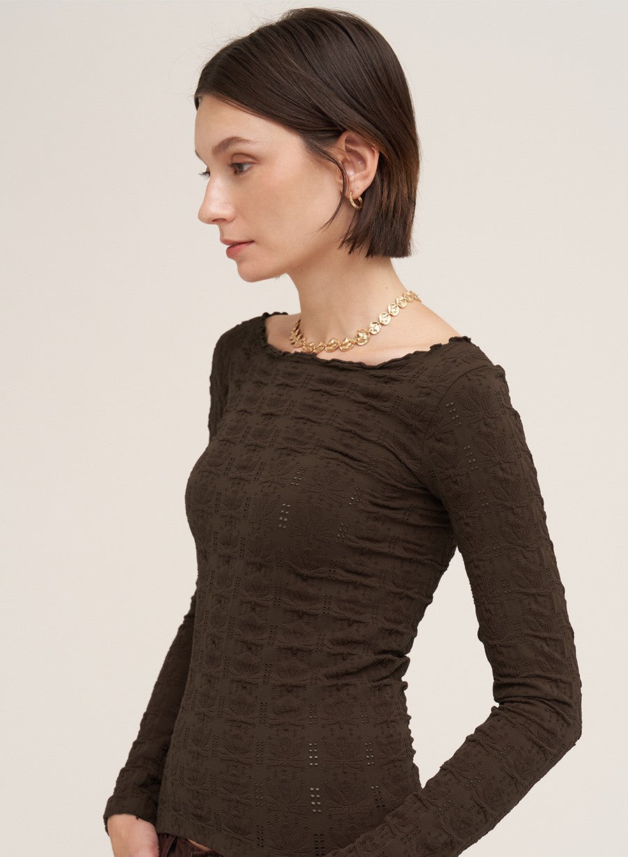 Floral Pointelle Lettuce Edge Long Sleeve Top Chocolate