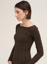 Floral Pointelle Lettuce Edge Long Sleeve Top Chocolate