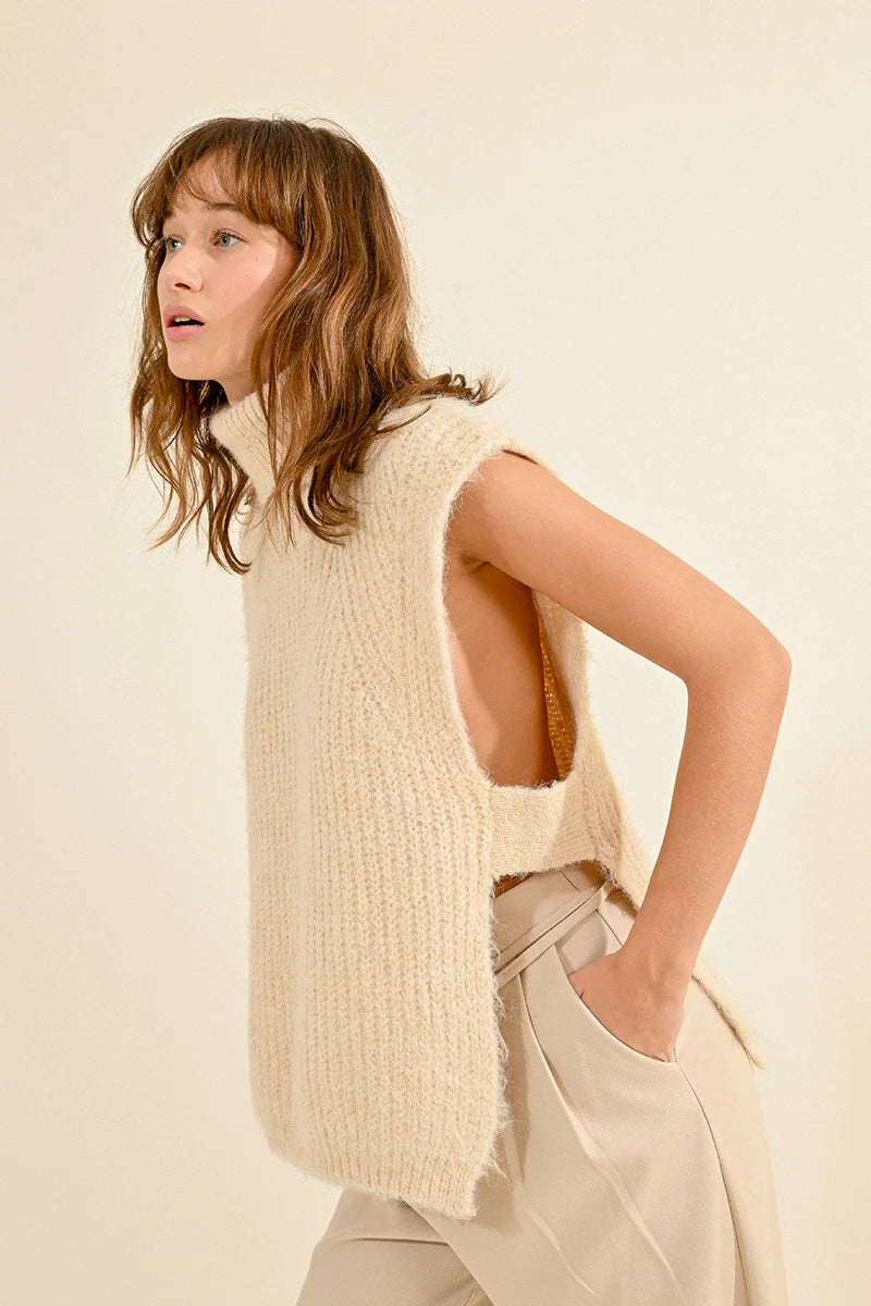 Fuzzy Knit Turtleneck Sweater Vest Cream
