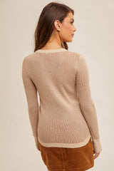 Two Tone Knit Long Sleeve Henley Top Taupe