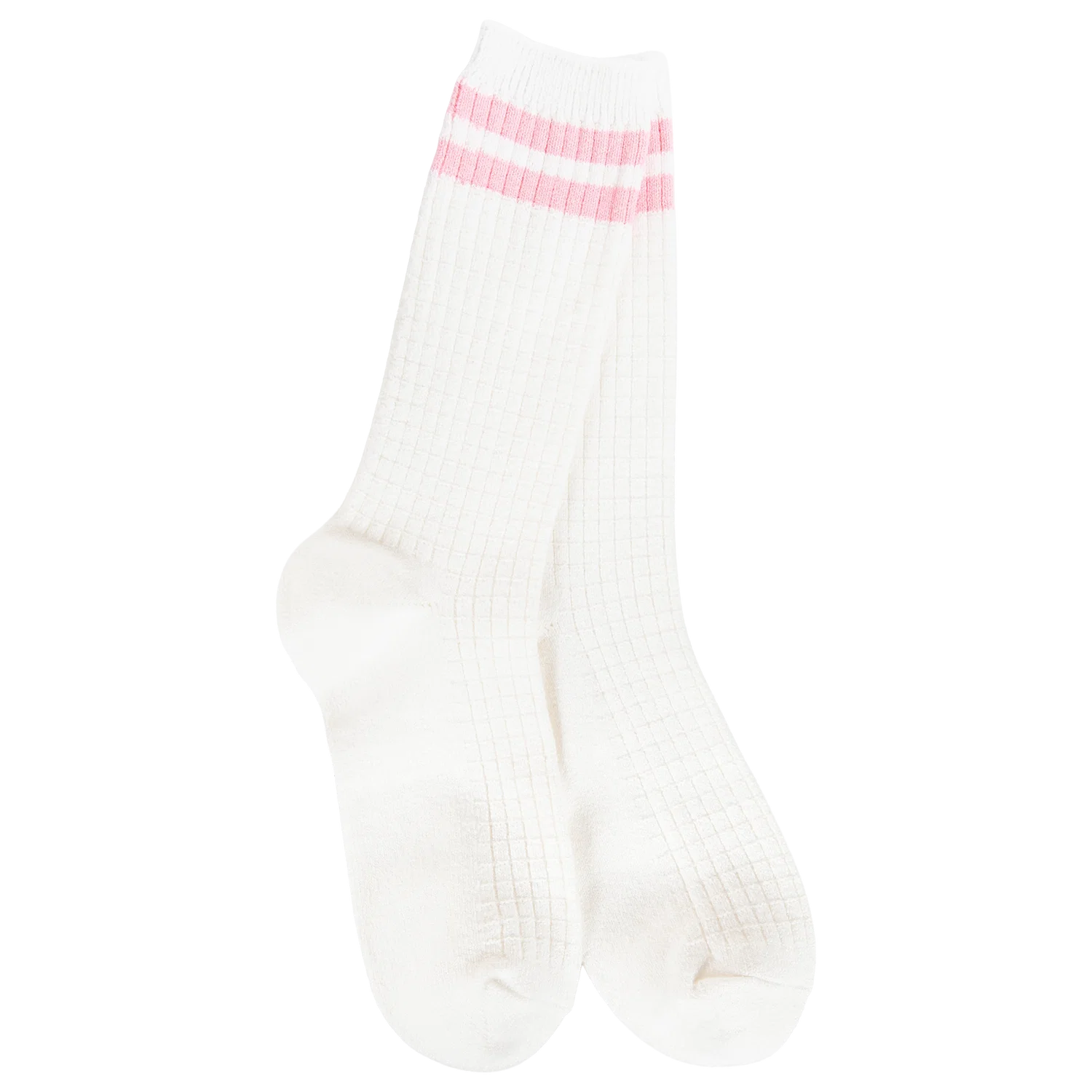Weekend Waffle Stripe Crew Socks Ivory Pink