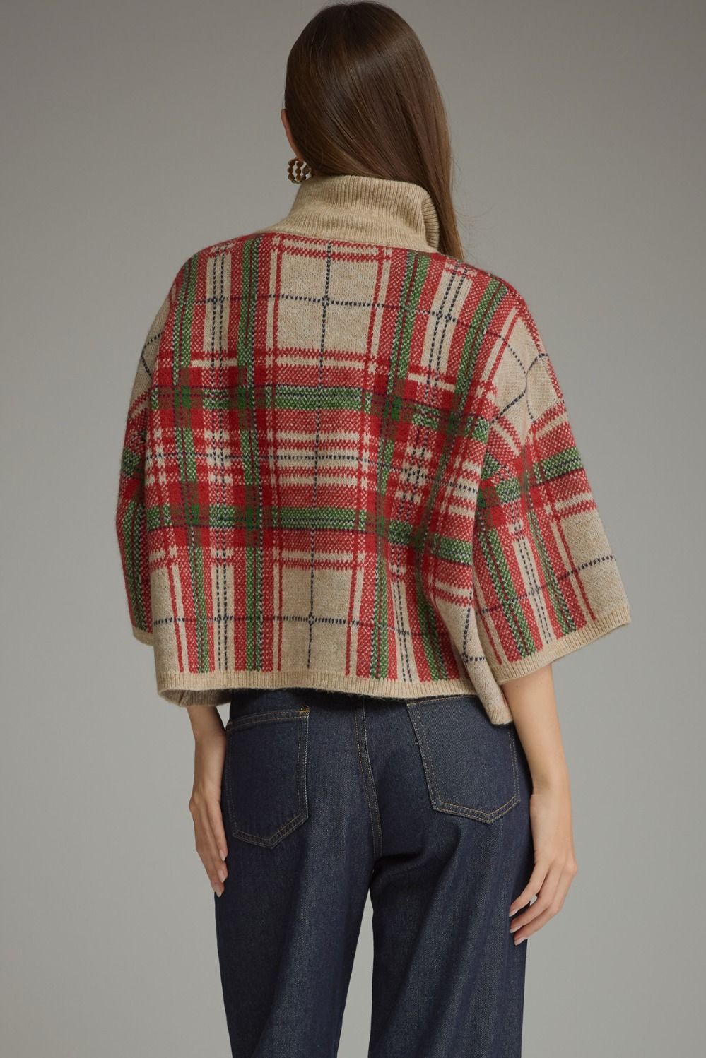 Plaid 3/4 Sleeve Stand Collar Sweater Taupe