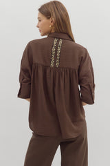 Solid 3/4 Cuff Sleeve Printed Trim Top Brown