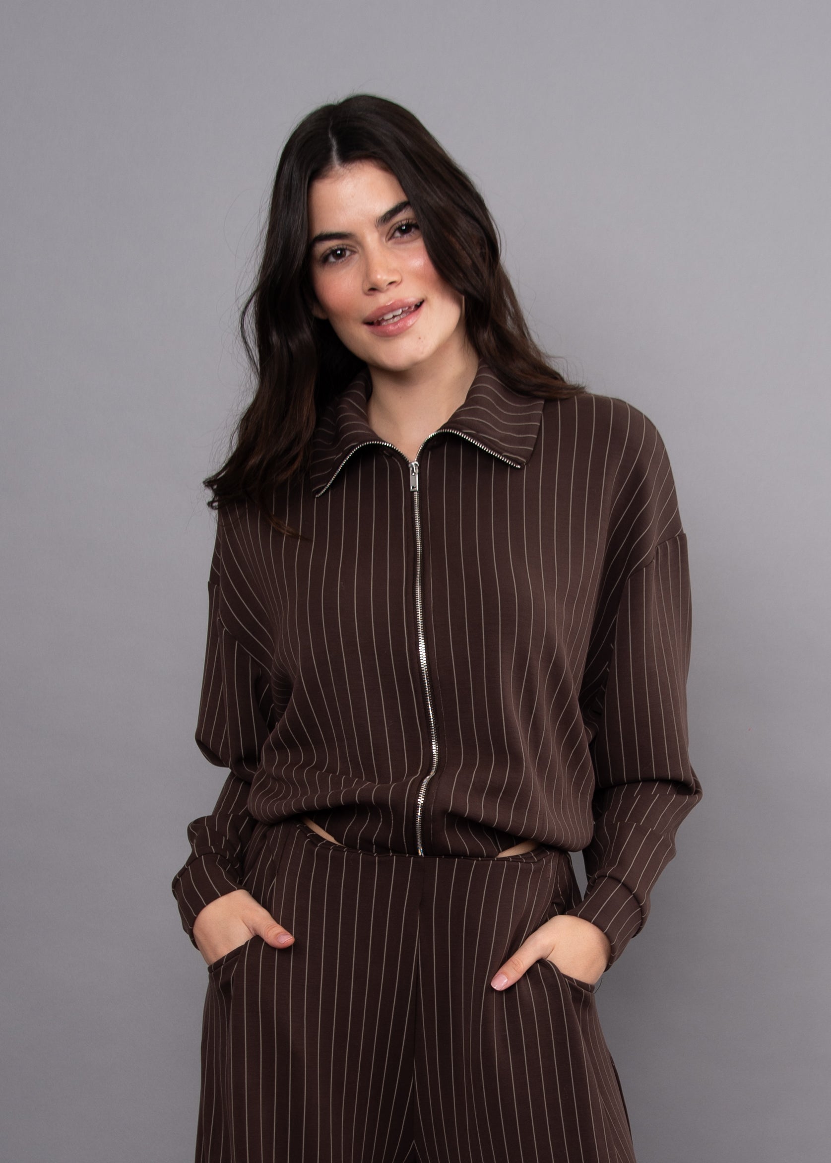 Mauritz Striped Modal Zip Mock Neck Jacket Brown