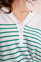 Buttoned Vneck Stripe Sweater White + Green