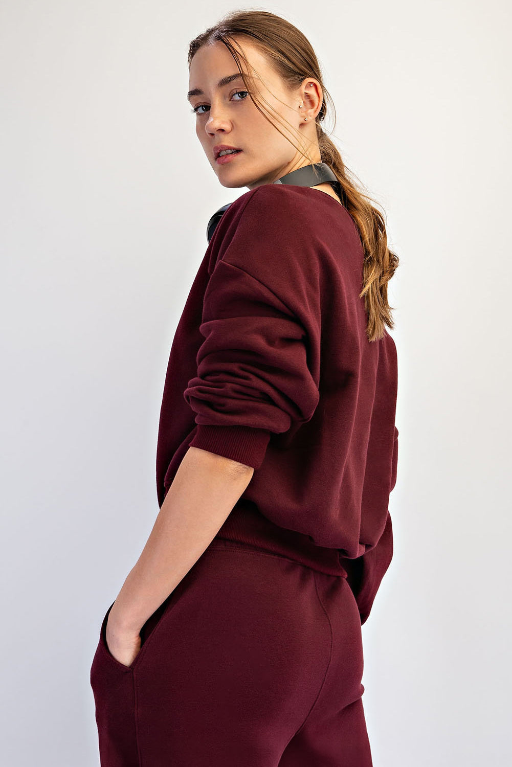 Raw Edge Off Shoulder Sweatshirt Dark Cherry