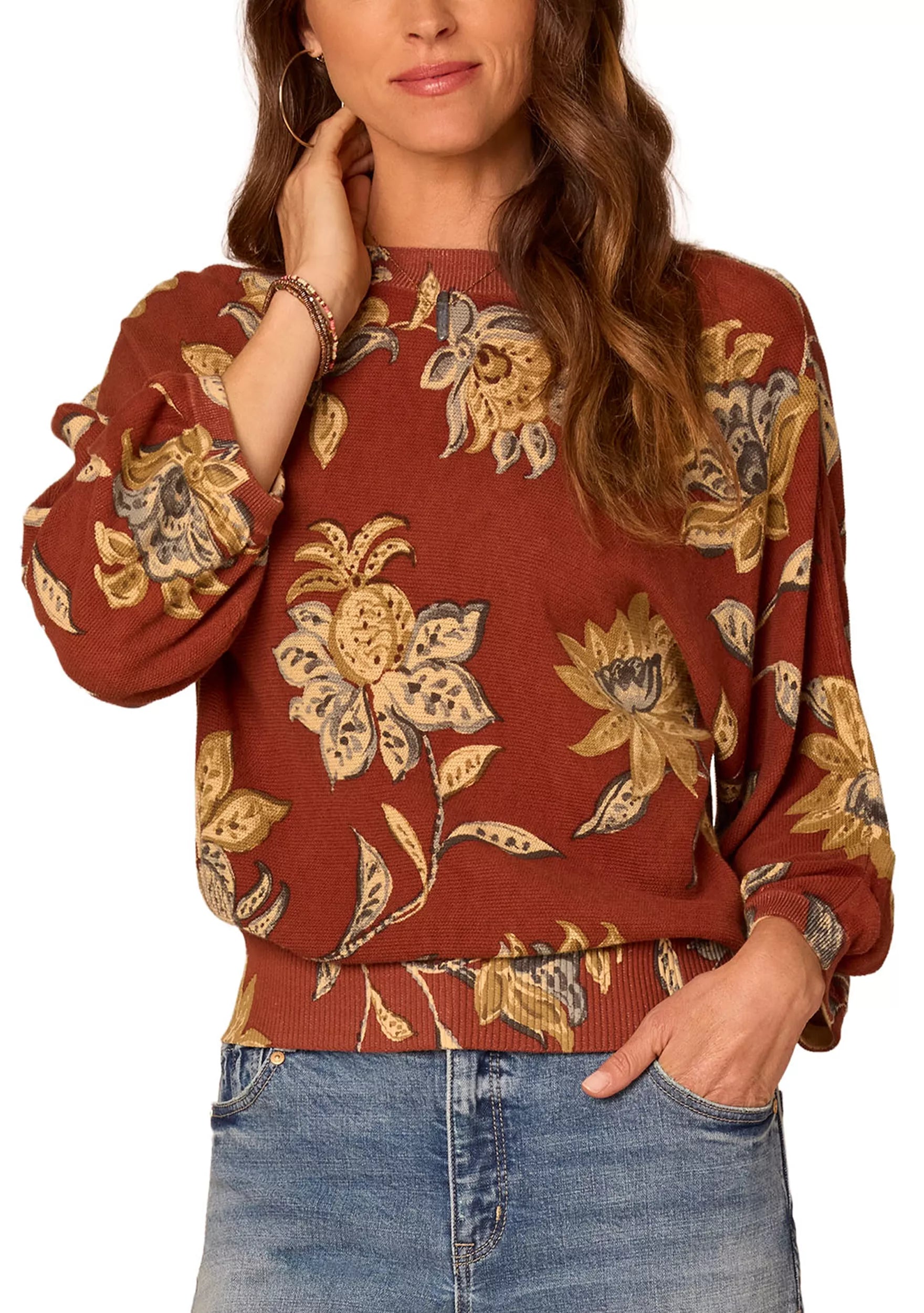 3/4 Dolman Tuck Sleeve Floral Banded Bottom Sweater Brown Multi