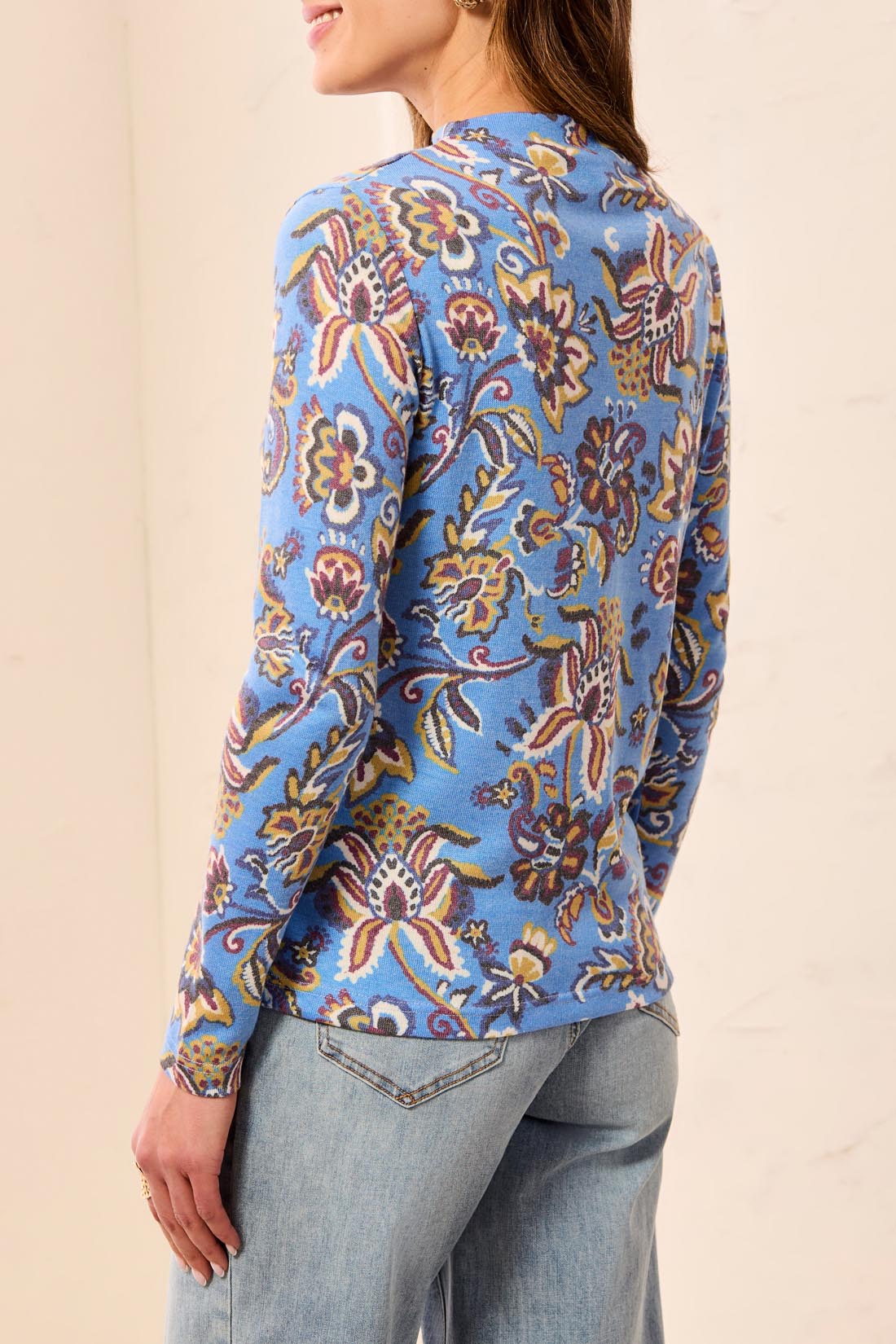 Printed Long Sleeve Funnel Neck Top Blue Aura
