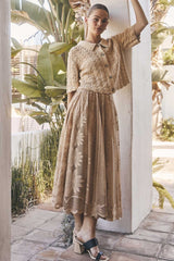 Floral Embroidered Mesh Midi Skirt Tan