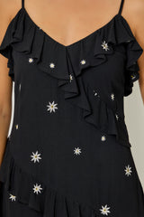 Asymmetric Ruffle Floral Embroidered Mini Dress Black