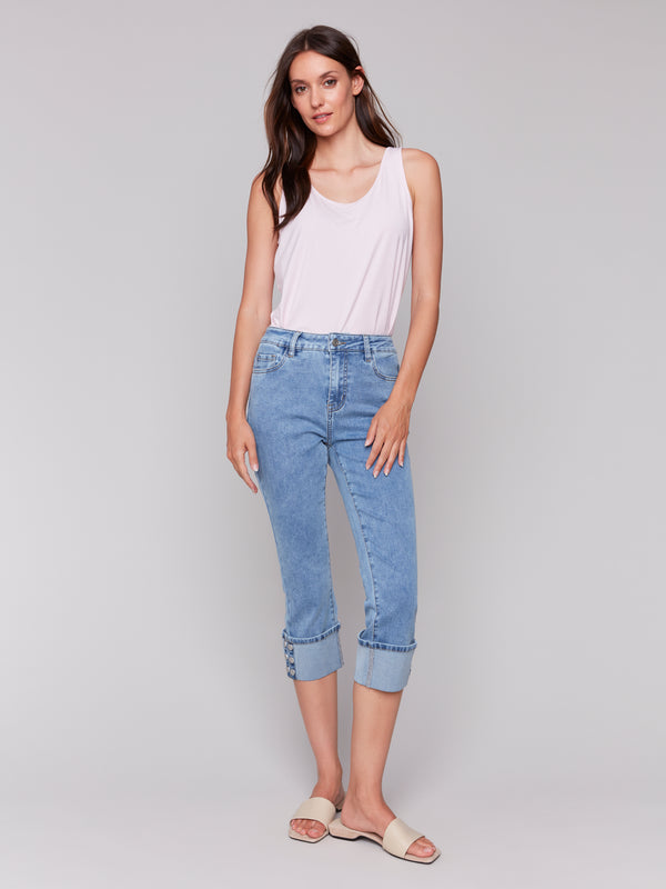 Snap Button Cuff Five Pocket Jeans Light Blue