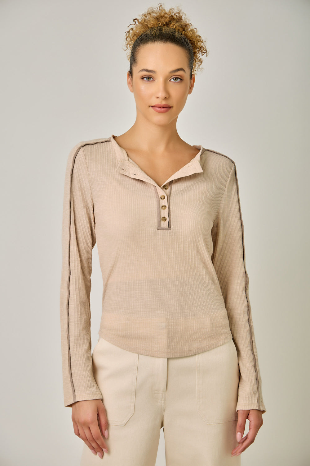 Long Sleeve Suede Piping Accent Henley Natural