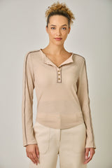 Long Sleeve Suede Piping Accent Henley Natural