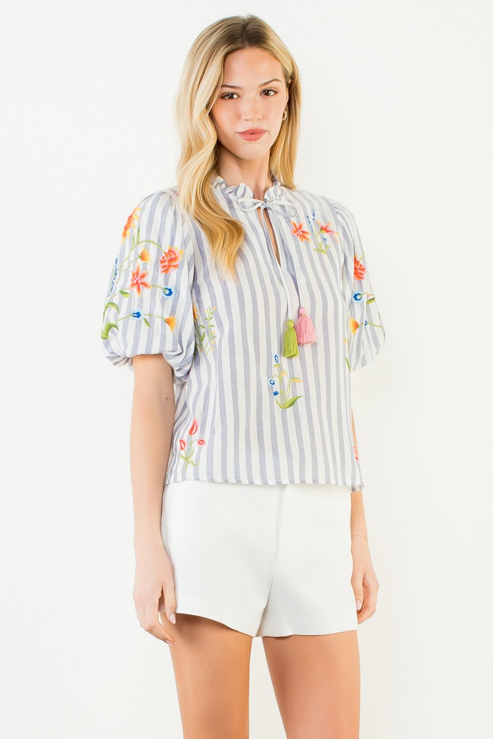 Embroidered Floral Stems Puff Sleeve Stripe Top Blue