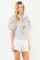 Embroidered Floral Stems Puff Sleeve Stripe Top Blue