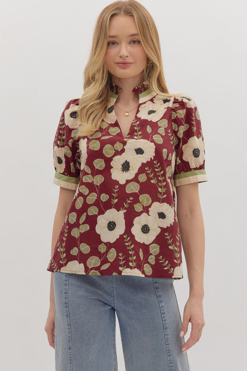 Poppy Floral Print Frill Neck Puff Sleeve Top Wine