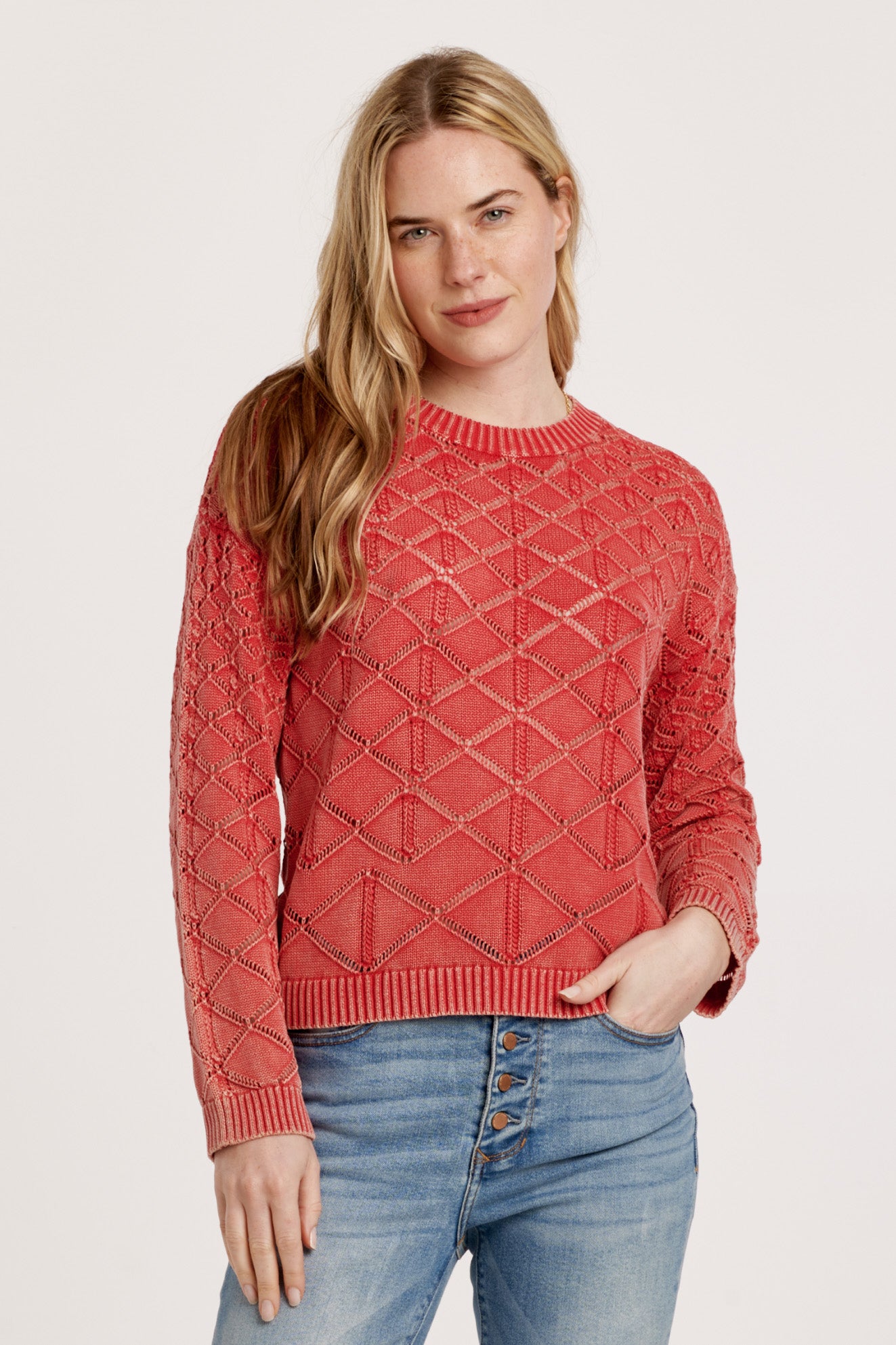 Colette Acid Wash Open Knit Diamonds Sweater Ruby Pink