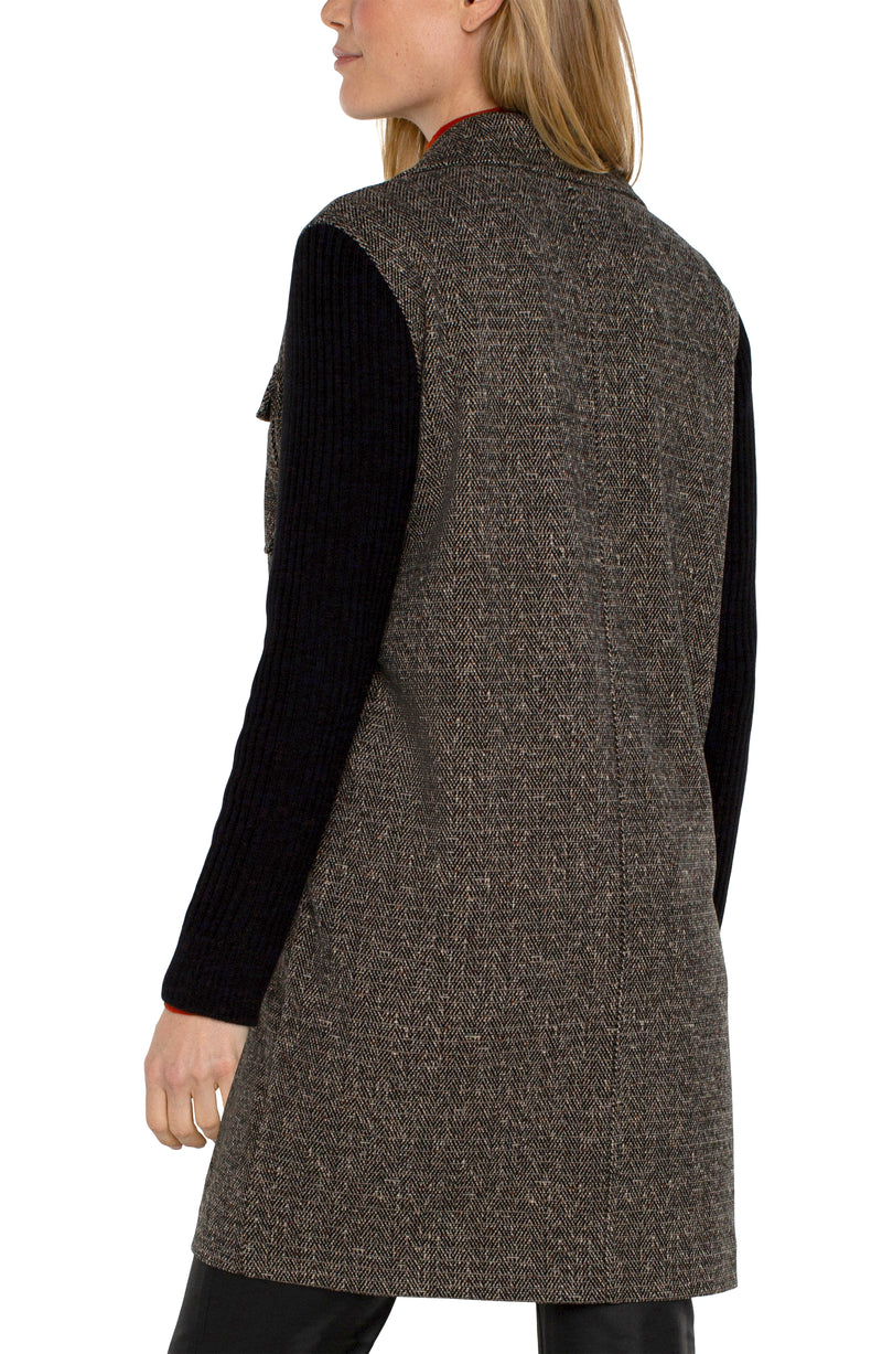 Sweater Sleeve Contrast Coatigan Black + Tan Herringbone