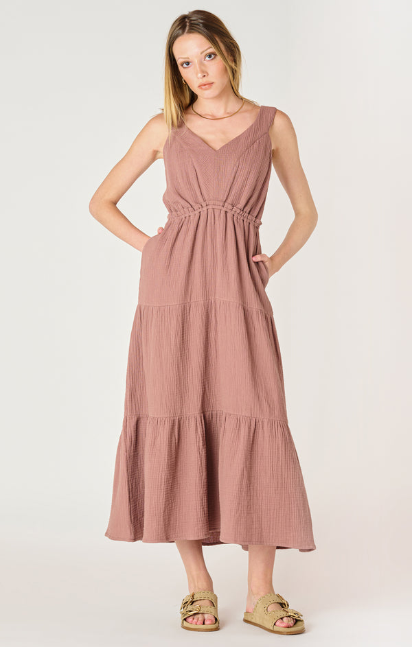 Textured Tiered Midi Dress Rose Taupe