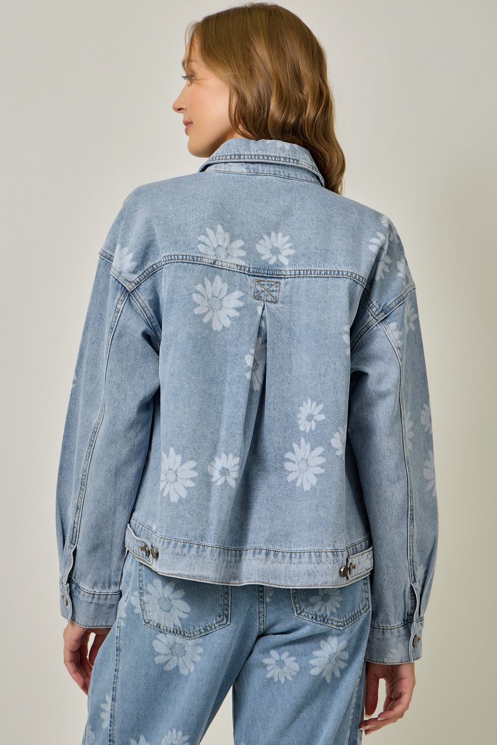 Daisy Print Oversized Denim Jacket Light Denim Blue