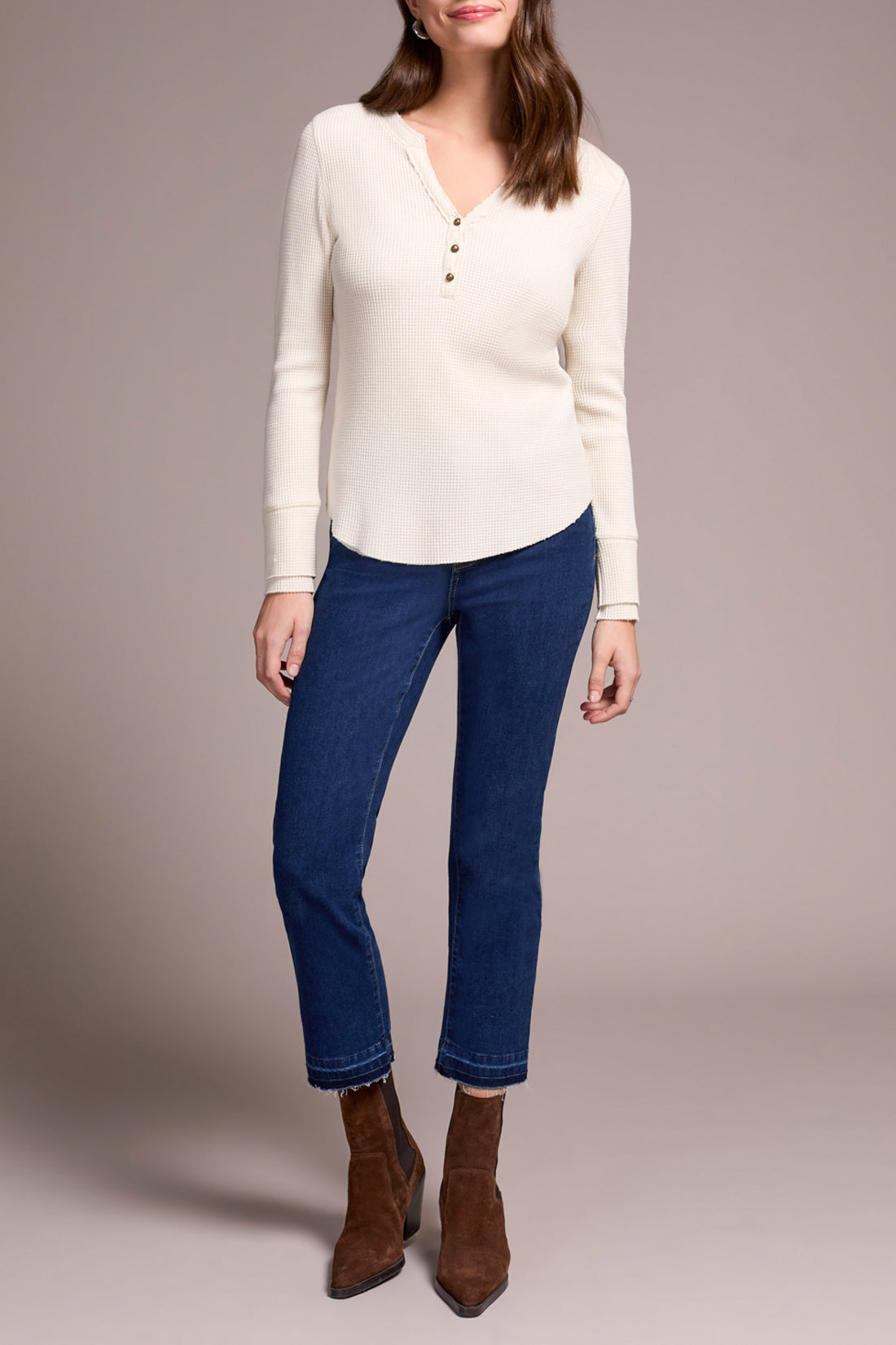 Button Detail Henley Long Sleeve Top Heather Eggshell