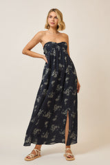 Floral Strapless Open Back Maxi Dress Dark Blue
