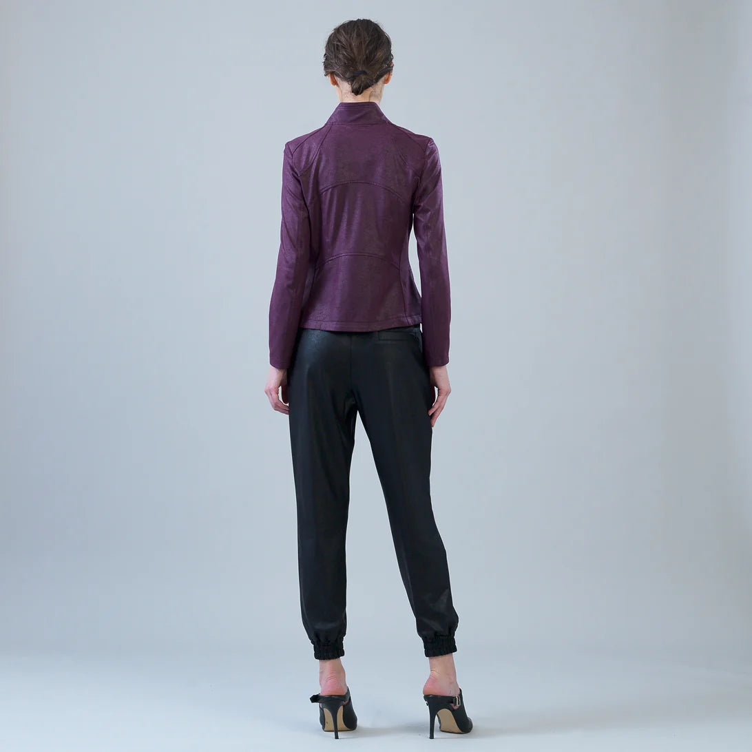 Classic Leather Knit Moto Jacket Plum