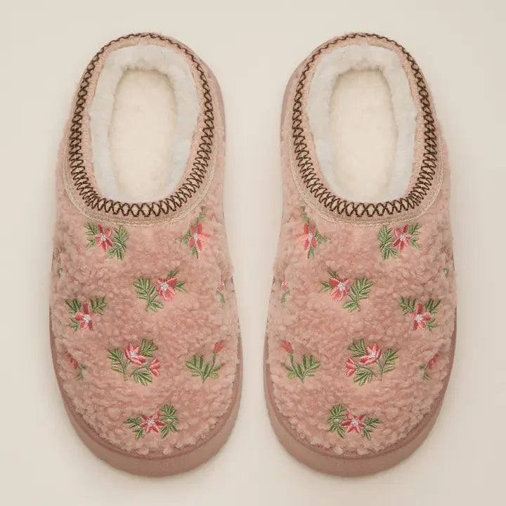 Fleece Lined Embroidered Floral Slippers Pink