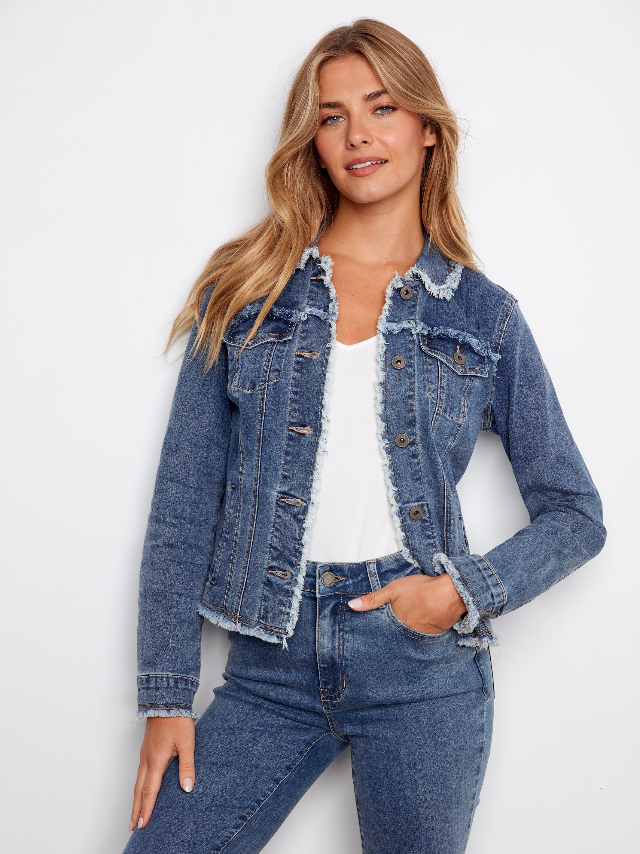 Fringe Edges Stretch Denim Jacket Medium Blue