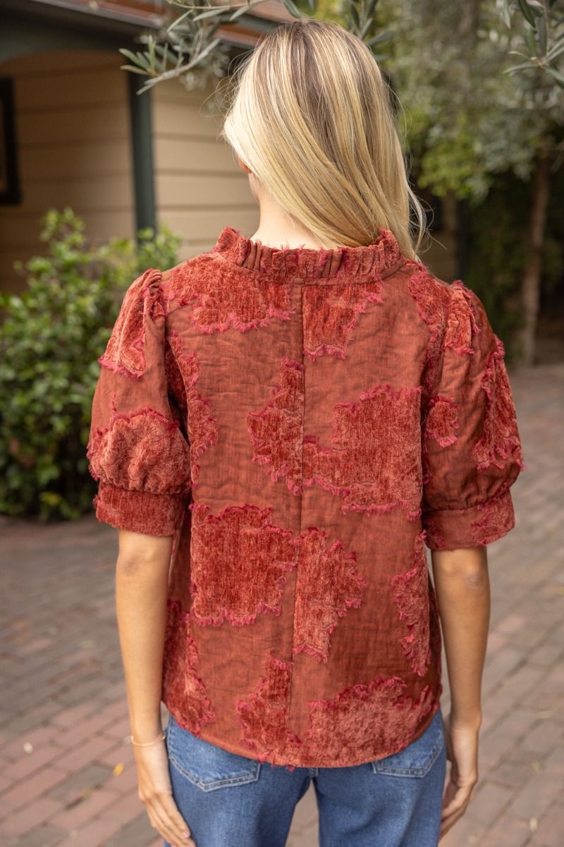 Ruffle Vneck Vintage Burnout Velvet Top Rust